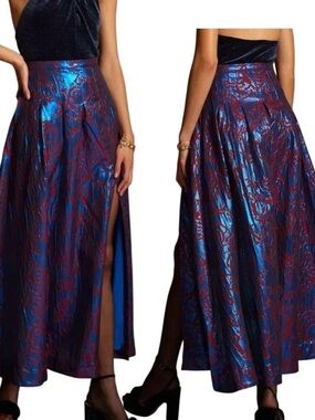 Anthropologie Maeve Pleated Shimmer Metallic Maxi Skirt Blue Red Size 4